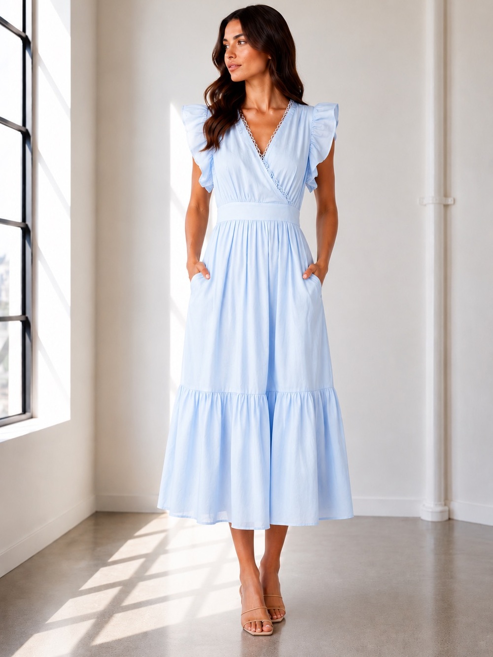Light Blue Ruffle Sleeve Midi Dress